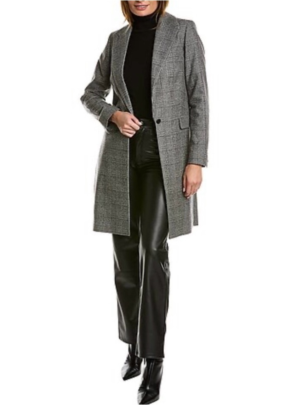 AllSaints Tamia Check Wool-Blend Duster Black/Gray Plaid Long Single-Button Coat